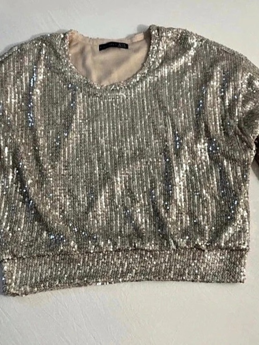 Black Tape Sequin Long Sleeve Crop Top in Silver Size Medium